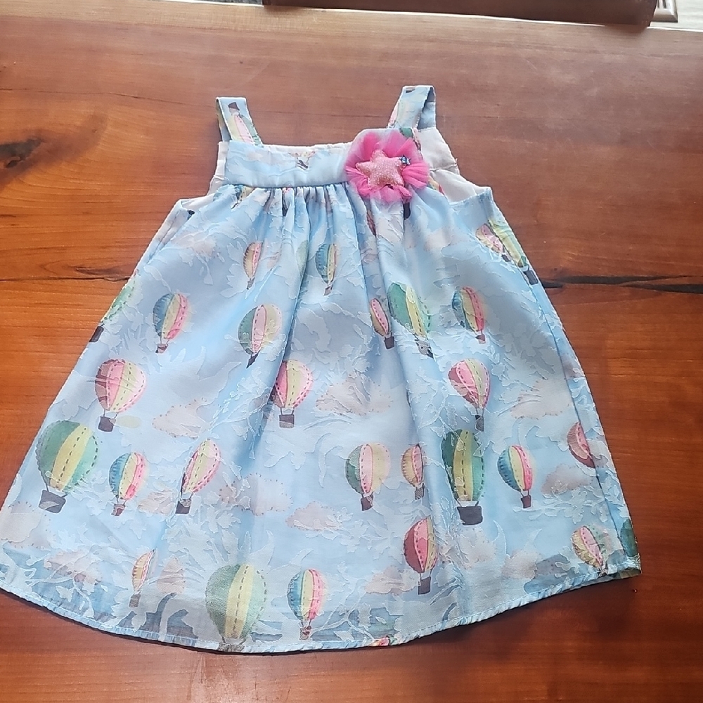 Kids Hot Air Balloon Print Dress with Pink Flower Accent